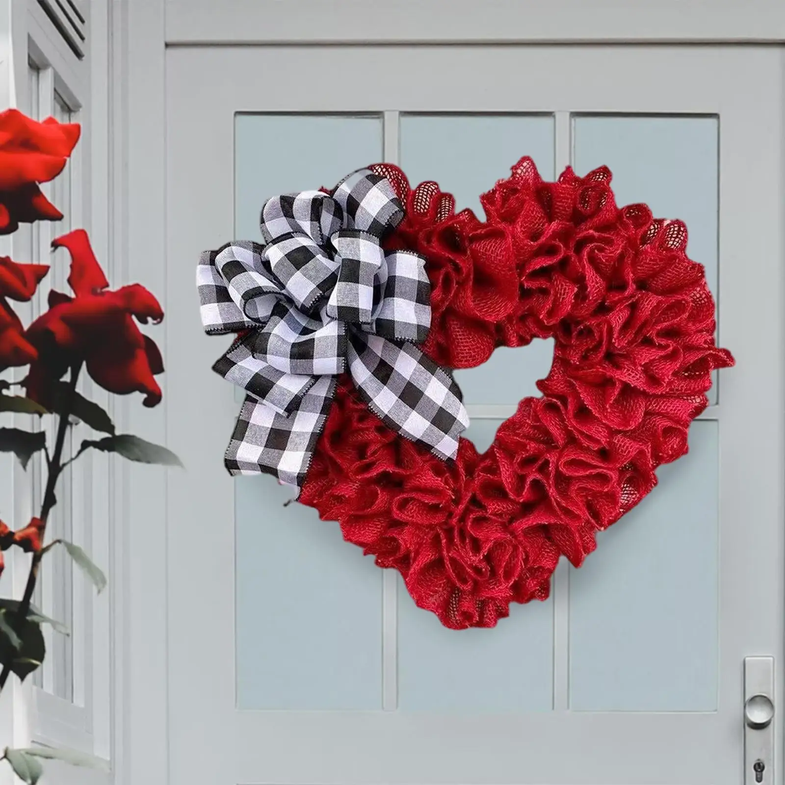Red Heart Shaped Wreath 5.7in Plaid Bowknot Front Door Artificial Garland for Home Farmhouse Decoration