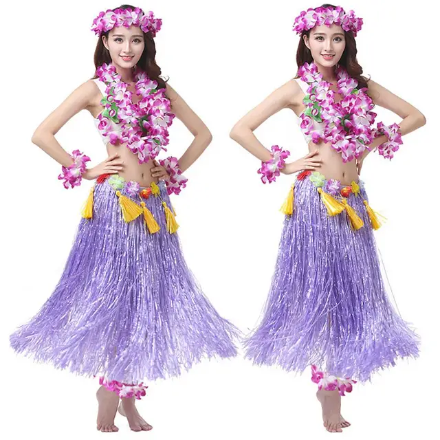 Juhai 1 Set Hula Skirt High Elastic Eye-catching Plastic Fiber Hawaiian  Hula Grass Skirt Set for Summer(Multicolor) 