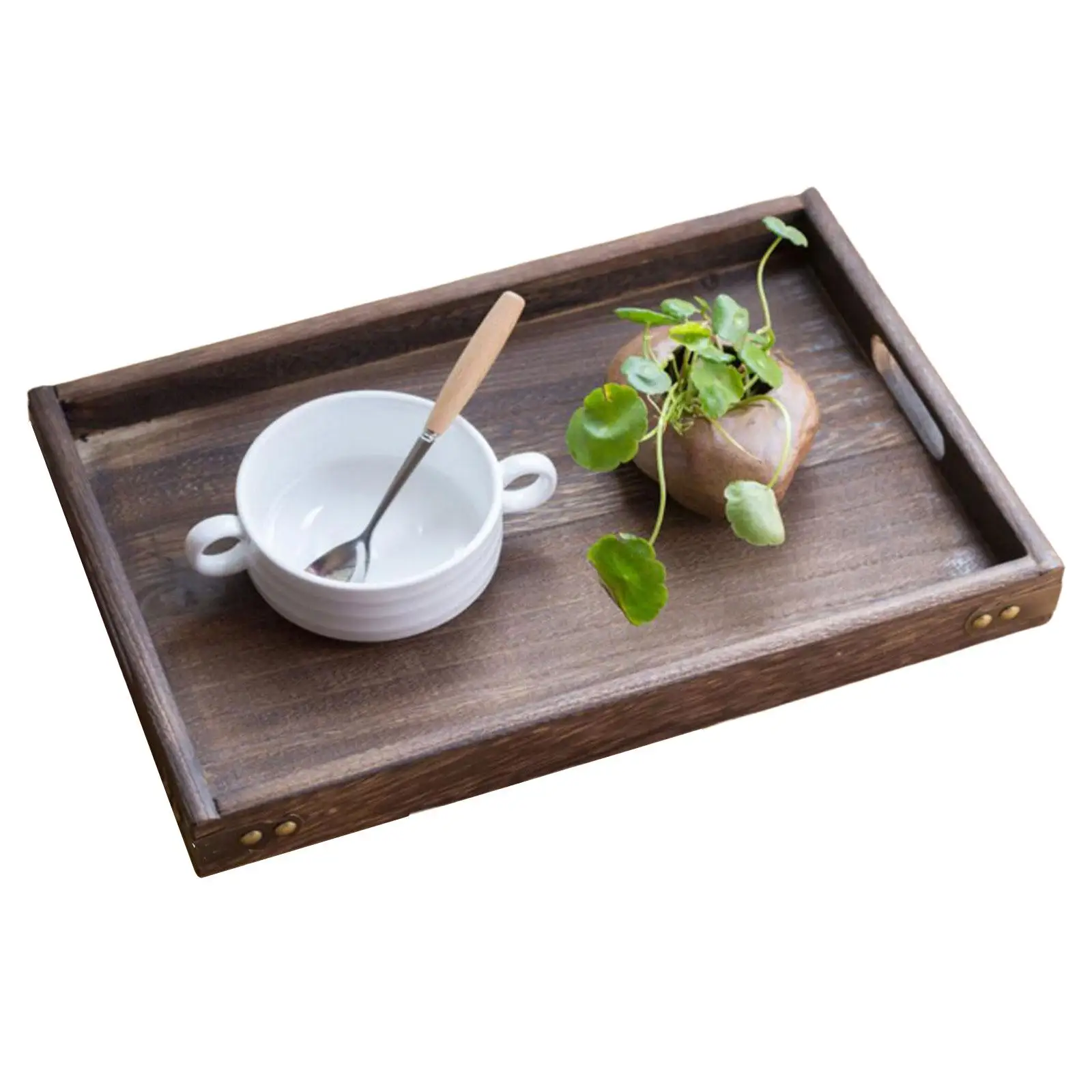 Wooden Serving Tray with Handle Eating Tray Easy to Clean Convenient for Countertop Centerpiece Decorative Rustic Rectangular