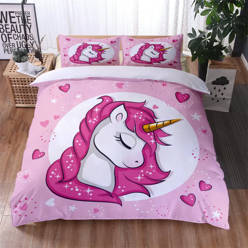 Colorful Luminous Unicorn Print Bedding Set 3D Cartoon Animal Pattern Duvet Cover Bedroom Decor With Pillowcases For Girls Gift