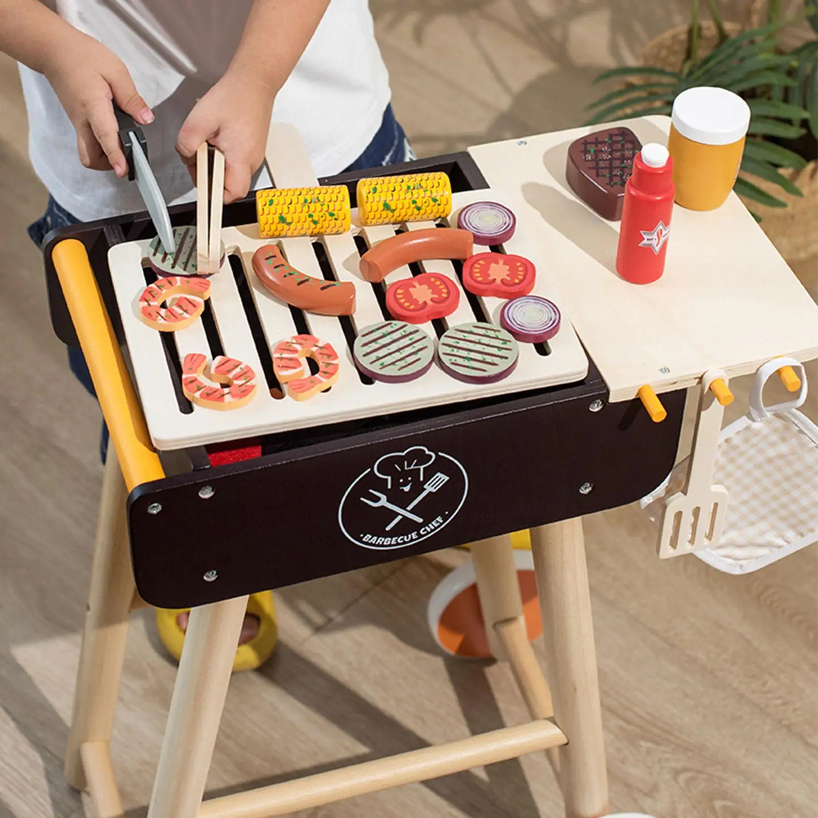 Realistic Wooden Toy BBQ Set Barbeque Toy Cooking Playset for Children