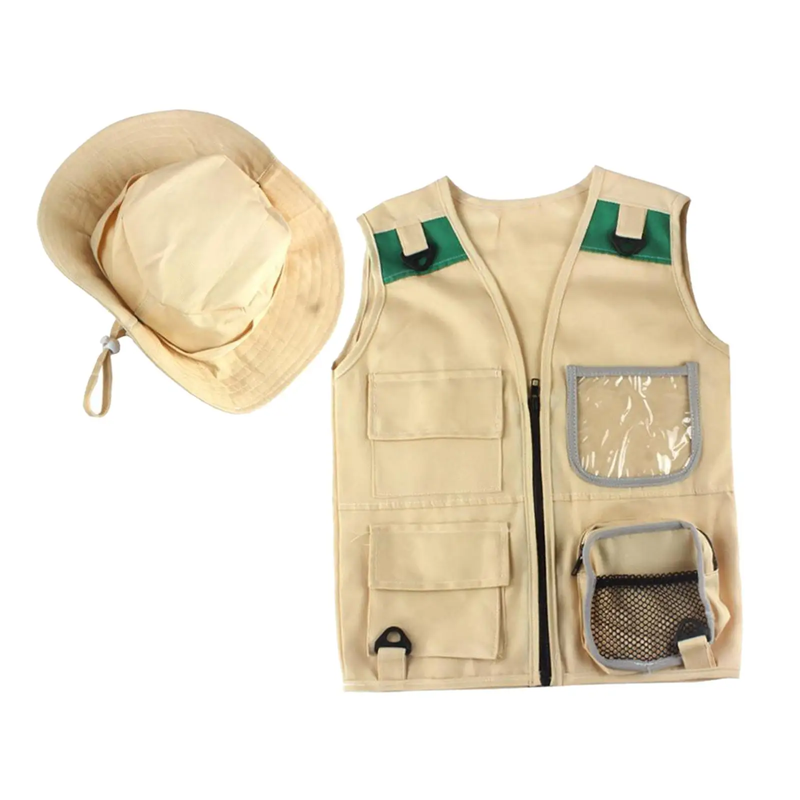 Durable Kid Khaki Cargo Vest and Hat with 4 Pockets Dress Up for Zoo Keeper