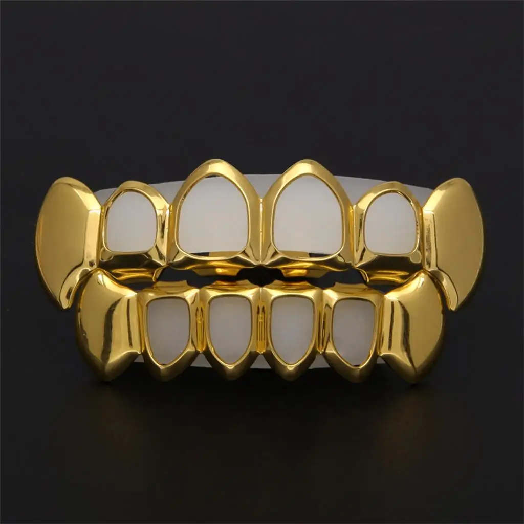 Hollow Dual Mouth Teeth Caps 18K Gold Plated Grills Hip Hop Open Face Prom
