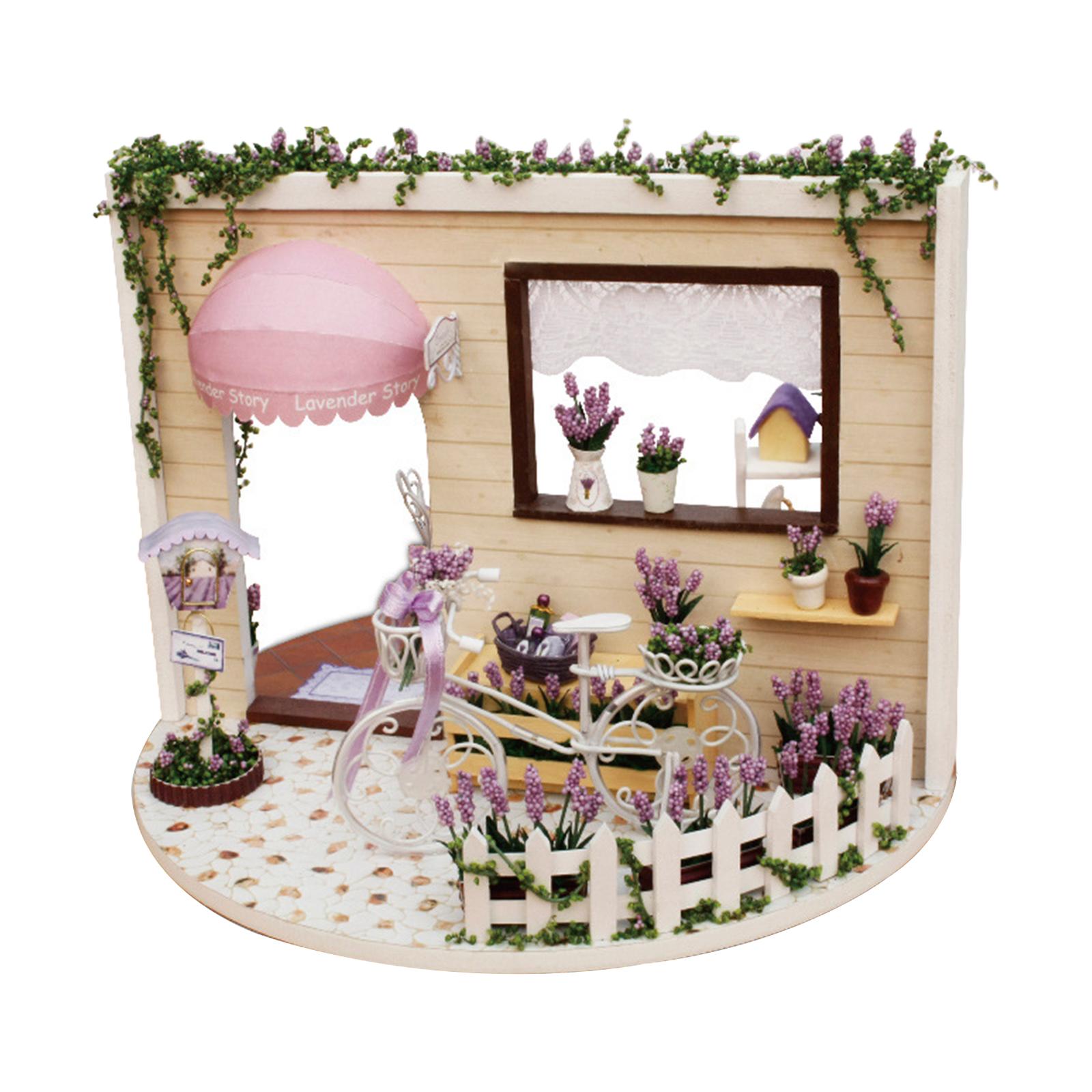 Miniature Wood Doll House with Furniture Plants Ornament Kits LED Light Sky Garden Lavender Story Model Puzzle Building Kit