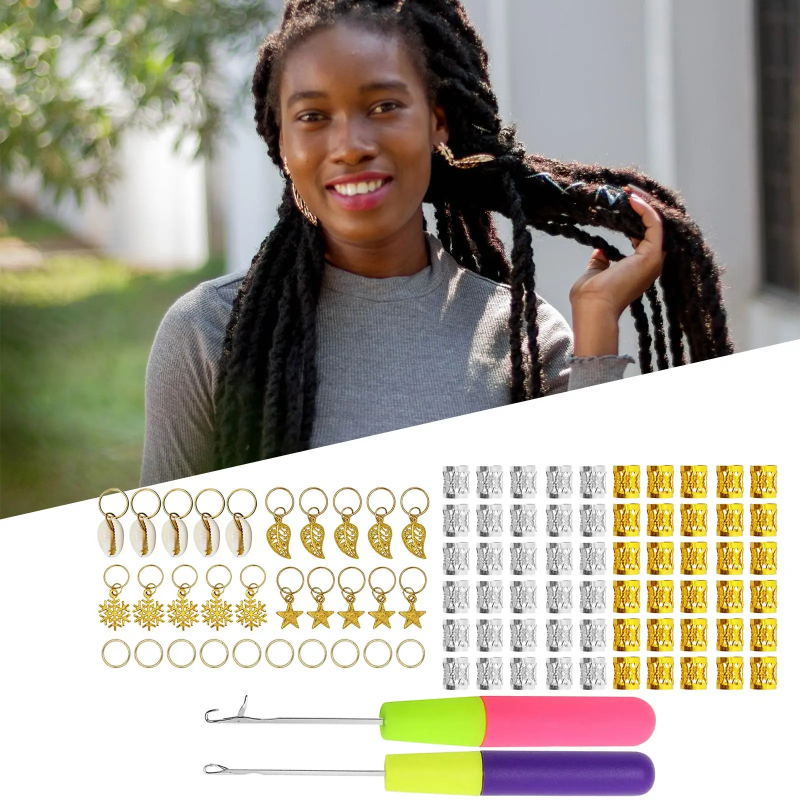 92x Dreadlocks Braiding Beads 2 Pcs Crochet Needle Hair Decoration Rings Filigree Tube Jewelry Gold Silver for Crochet Braids