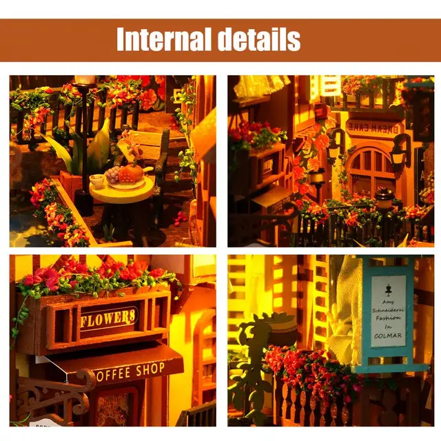 Bluethuy 1 Set Book Nook Kit French Town Theme Fantasy European Retro Cover  DIY Dollhouse Wood Bookend Building Kit Home Decoration