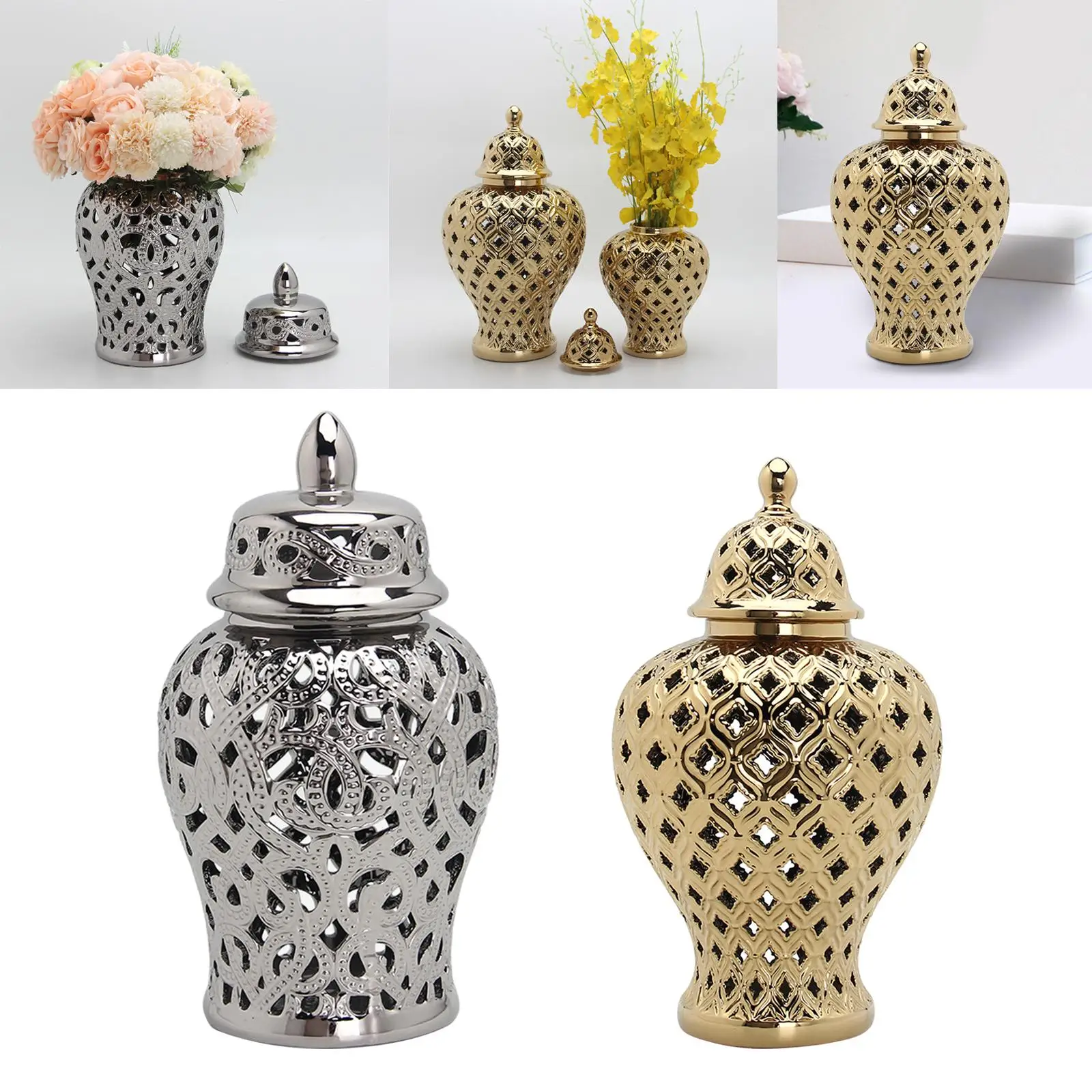 Retro Style Ceramic Ginger Jar Storage Decor with Lid Display Vase for Flower Arrangement Desktop Living Room Gift Decoration