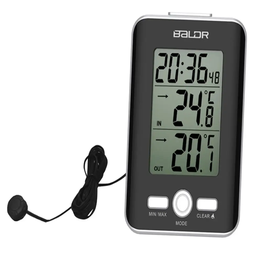 Digital Indoor Outdoor 12/24H LCD Display Thermometer Alarm Timer With Probe