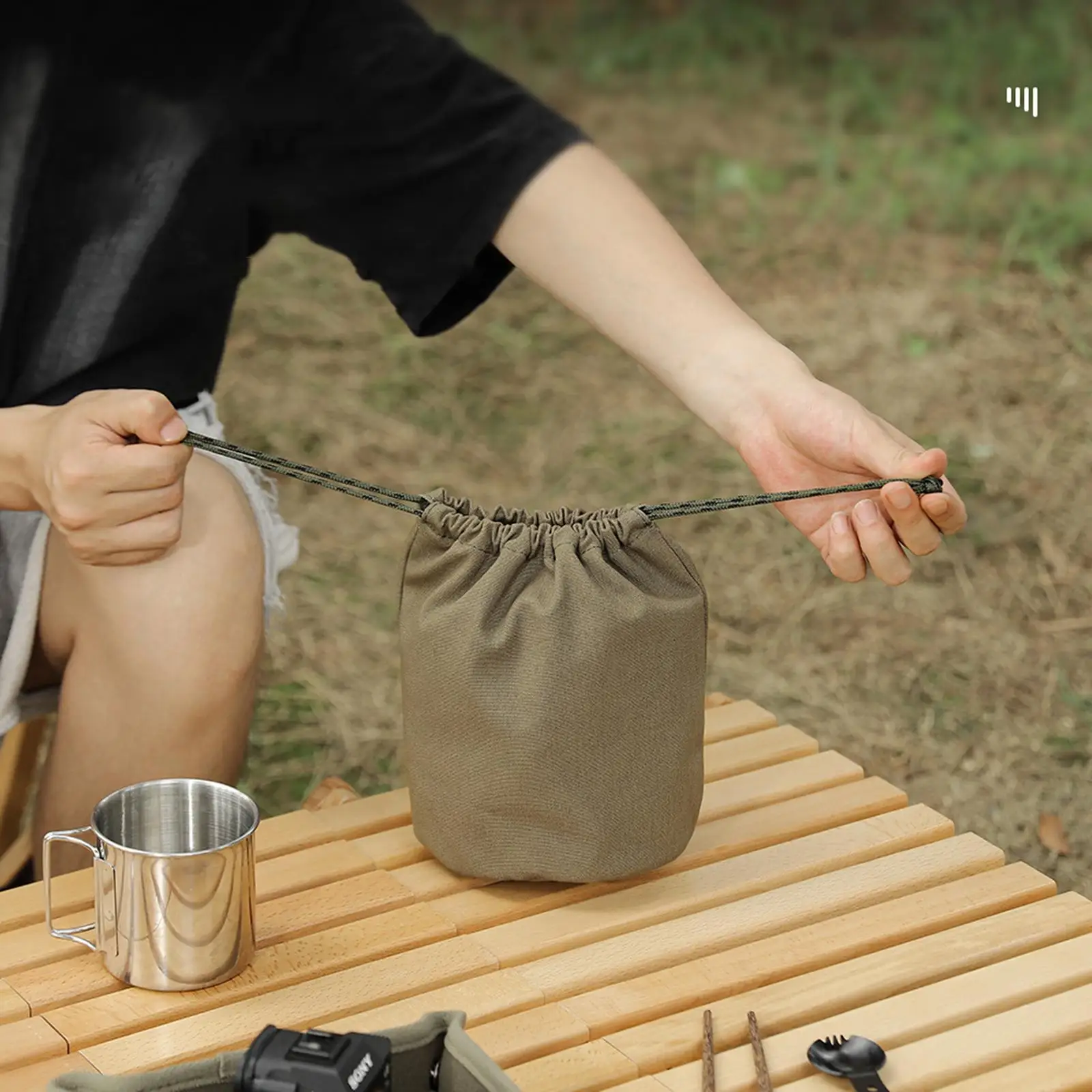 Camping Cooking Utensils Organizer Drawstring Bag Portable Pouch Collapsible Cookware Carrier Organizer for Utensil