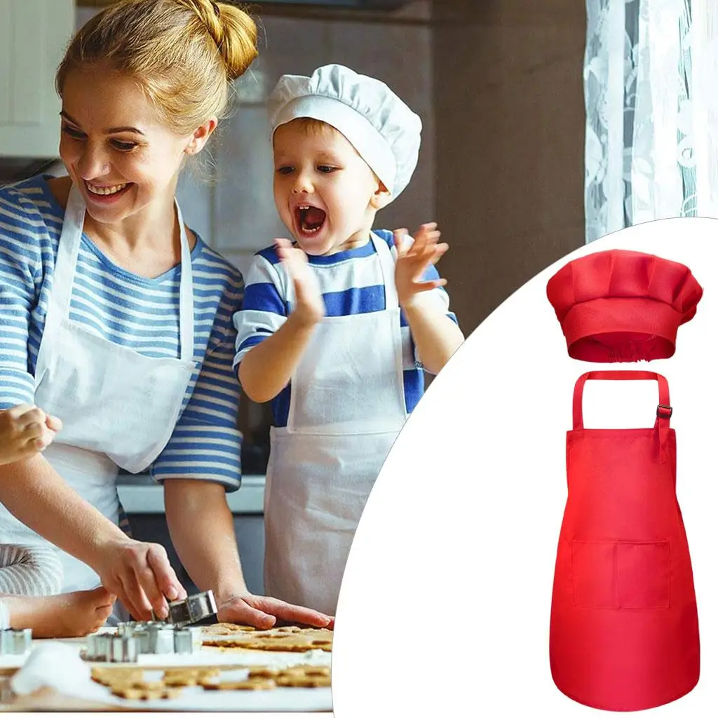 Kids Apron And Chef hat Apron with 2 Pockets Children Adjustable Chef Apron And Hats for Kitchen Cooking Baking Painting Wear