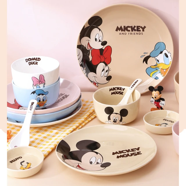 Disney-cuenco de arroz de dibujos animados de Mickey Mouse y Minnie, vajilla  para el hogar, taza de desayuno, taza de leche, plato de postre