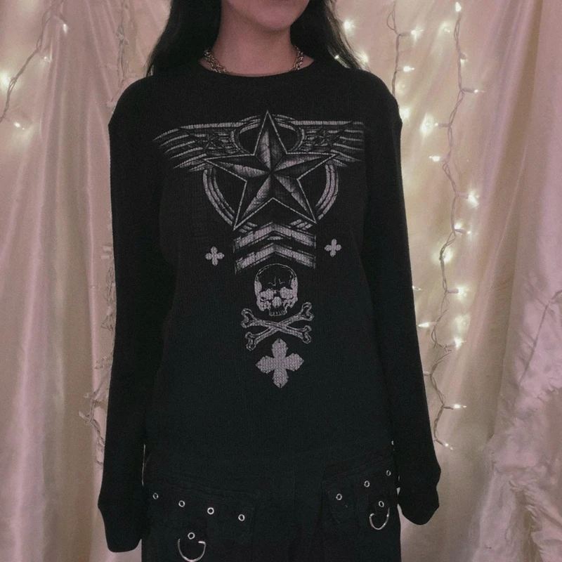 Star Skulls Graphic Print Long Sleeve T Shirt Dark Academia Grunge Mall Goth Pullovers E-girl Gothic Aesthetics Tees Y2K Vintage