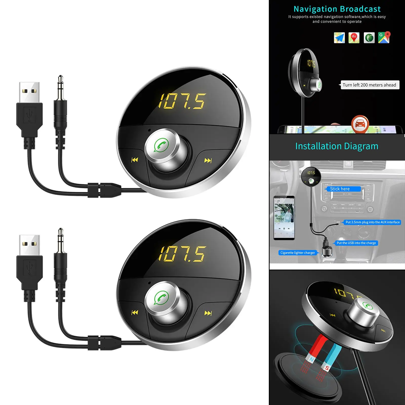 Car MP3 Player Wireless Bluetooth FM Radio Transmitter Set Magnetic Base