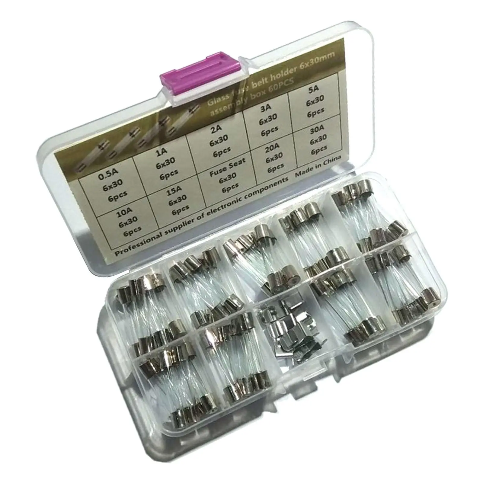 60Pcs Professional Glass Tube Fuses 20A 1A 5A 30A 3A 0.5A Replaces Accessories for Communication Equipment Electronic Industry