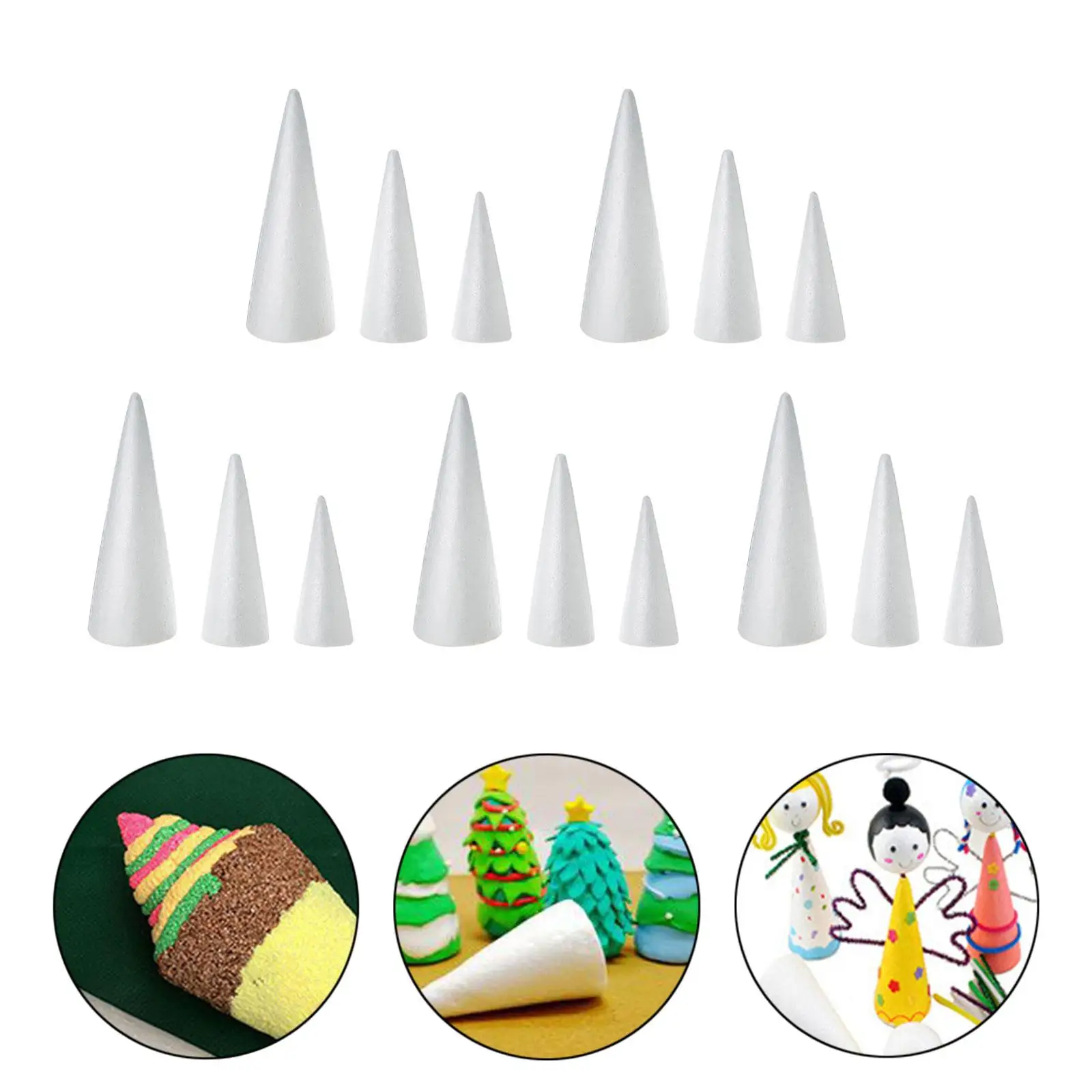 15Pcs Foam Cones 14cm 23cm 25cm Tall Decors Polystyrene Cones for Holiday Celebration Children Kids Classroom Activities Crafts