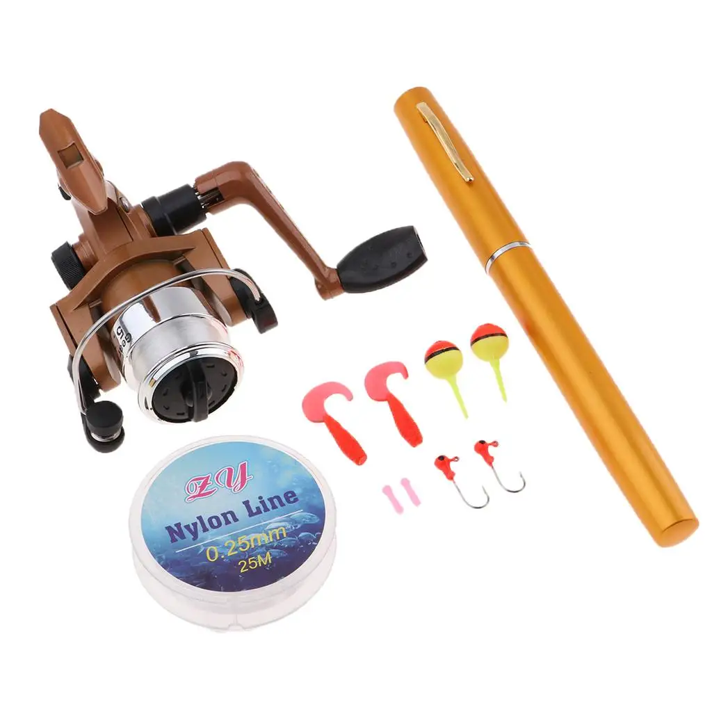 Pocket Fishing Pen Size Rod Reel Line Hook Combos Travel Portable Kits
