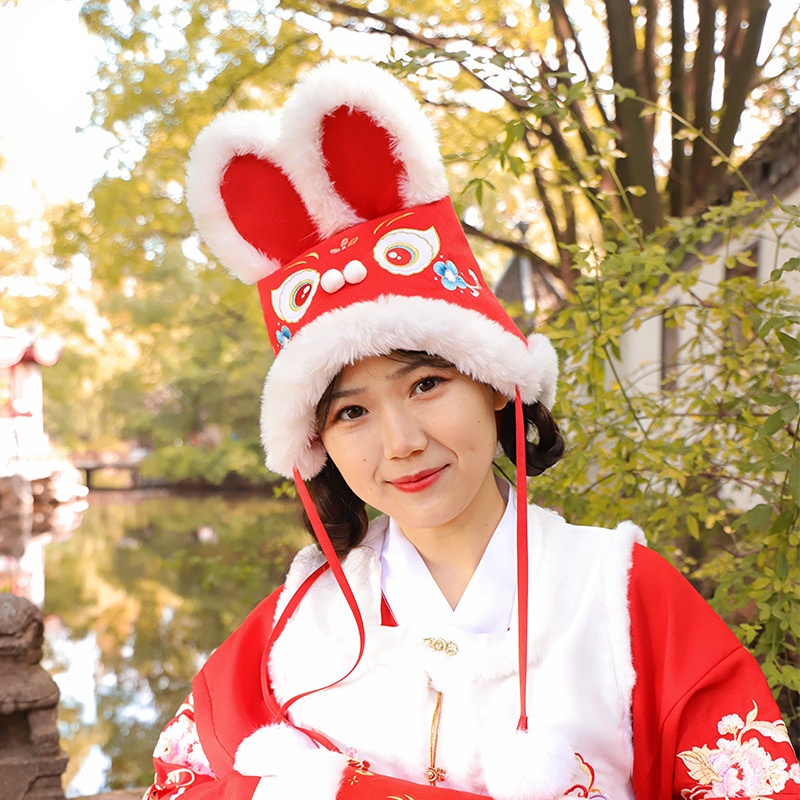 Eltern-Kind-Kaninchen hut im chinesischen Stil Kinder Neujahr rot niedlich Mütze Winter Hanfu Originalität Persönlichkeit Hut Hasen hut – Detail 7