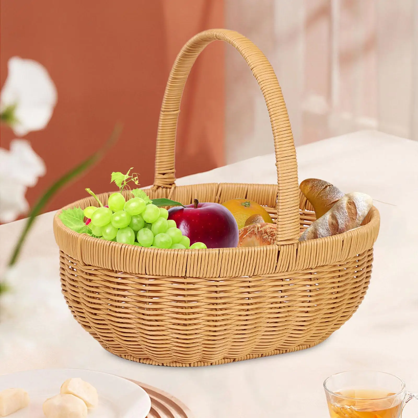 Hand Woven Basket with Handle Shopping Basket Imitation Rattan for Home Garden Simple and Practical Toiletries Holder Versatile