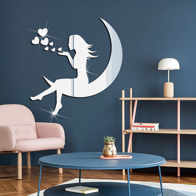 Girl Sitting On The Moon Acrylic Wall Mirror Sticker Room Bathroom