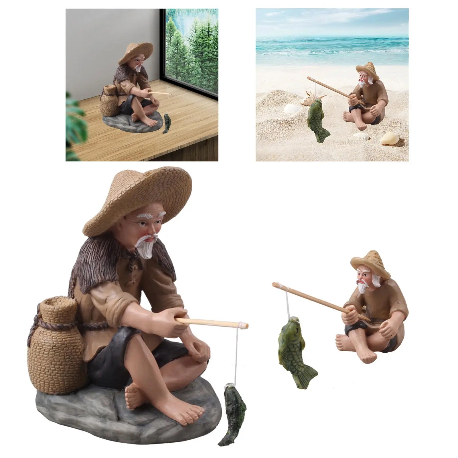 Resin Fisherman Figurines Mini for Micro Landscape Shelf Yard Desktop Decoration