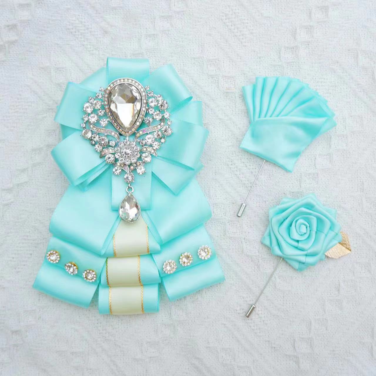 Handgefertigtes Herren-Hochzeits-Fliege-Set mit originellem Schmuck, britischer koreanischer Business-Anzug, Hemd, Strass-Kragen, Blumen-Taschen-Handtuchnadeln – Detail 4