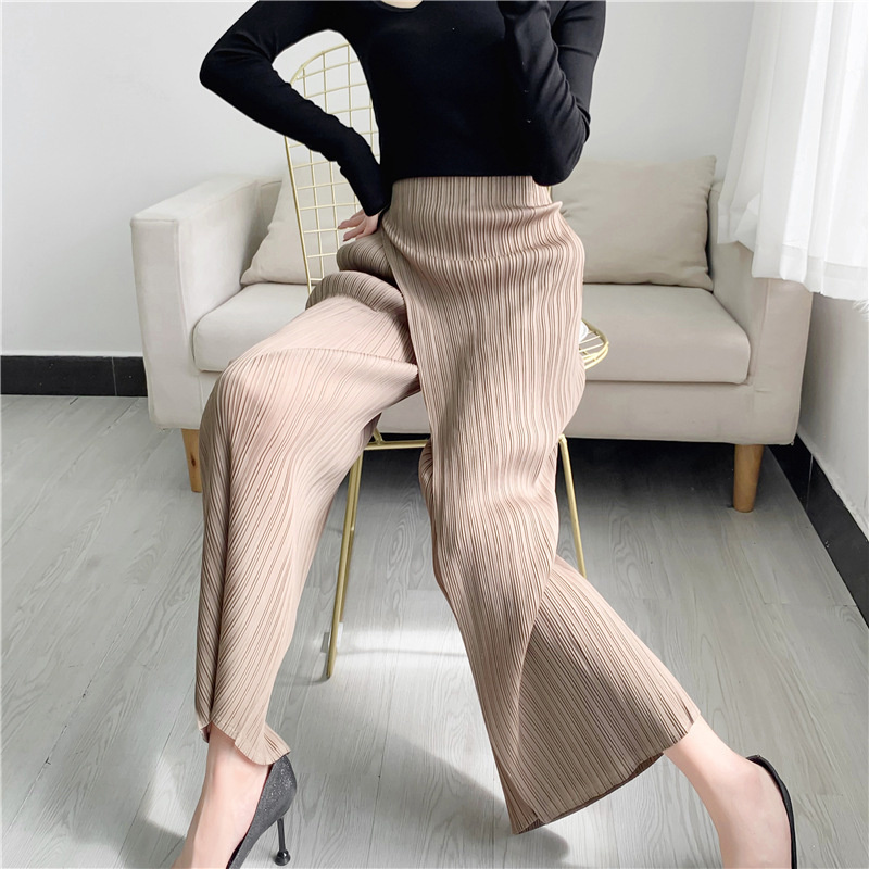 ALSEY Miyake Pleated Wide Leg Ankle-length Pants for Women Autumn New Simple Elastic Waist Solid Color Straight Female Trsouser