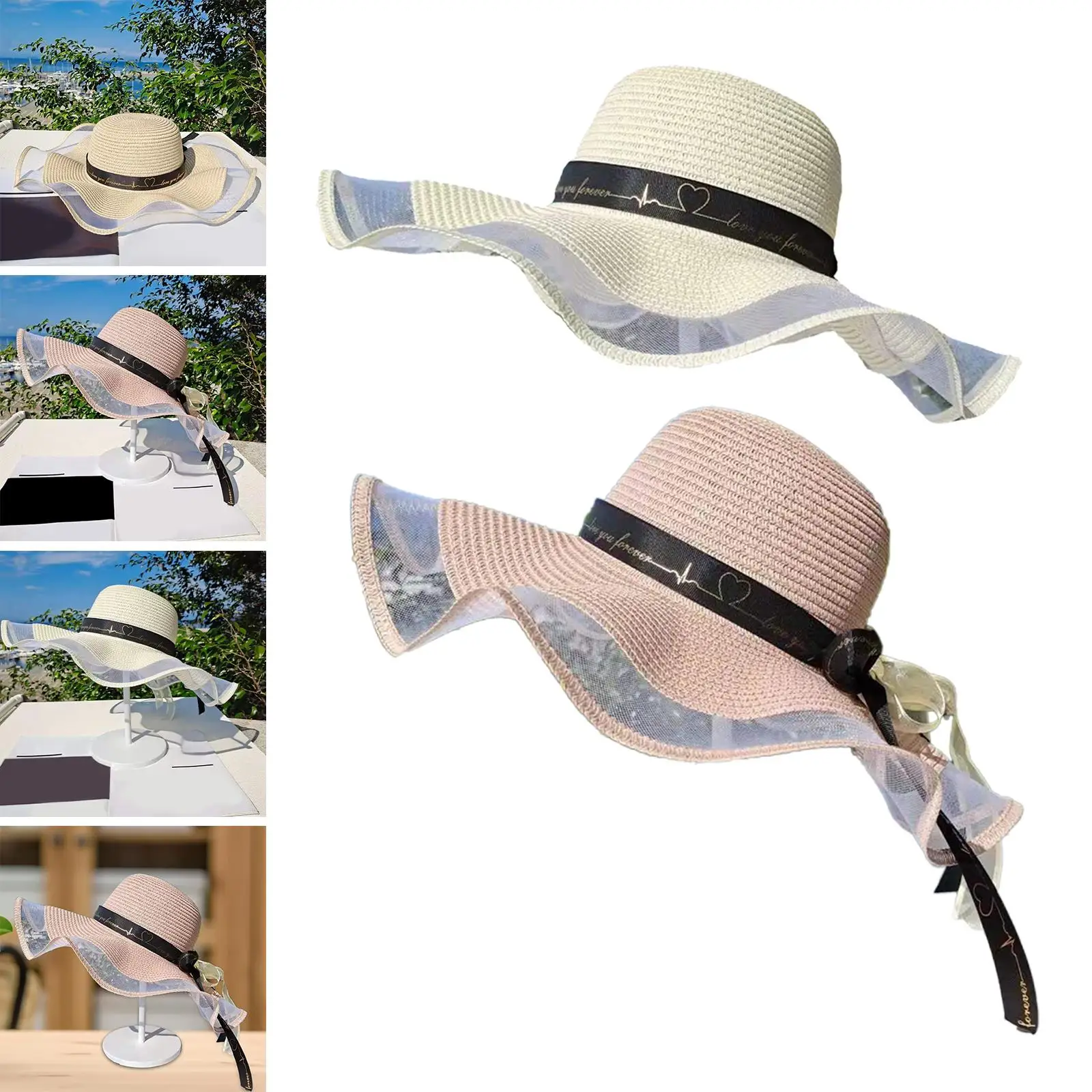 Women Straw Hats Sun Hat with Bowknot Ribbon Breathable Wide Brim Beach Hats