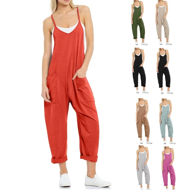 Women's Jumpsuits Ladies Casual Jumpsuit Onesie Spaghetti Strap Loose  Jumpsuit Overalls Pockets Summer (White, XXL)