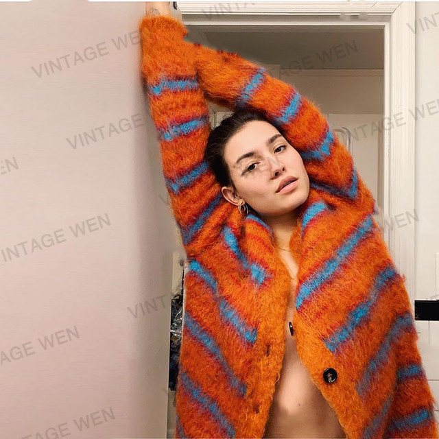 Retro Orange Mink like Striped Street Knitted Cardigan Women s Sweater Coat All Matching Loose Fashion Coat Contrasting Color AliExpress