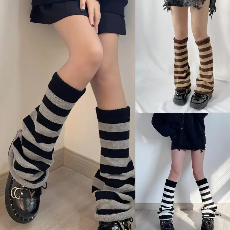 Женские вязаные гетры в рубчик Dark Goth для девушек, контрастные цветные полосатые широкие расклешенные гетры, носки в стиле Харадзюку, свободные до колена