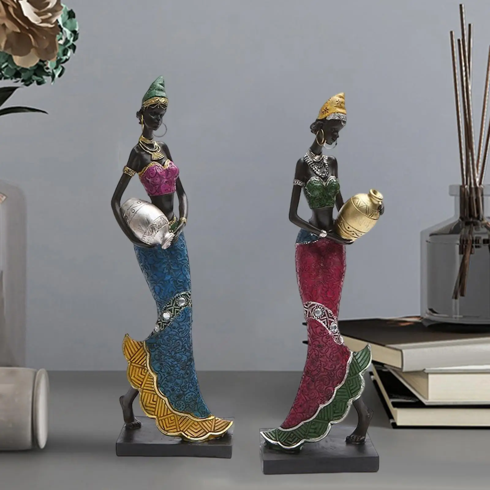 Elegant African Figurine Desktop Decoration Collections Artwork Craft Sculpture Abstract Tribal Women Statue for TV Cabinet Home