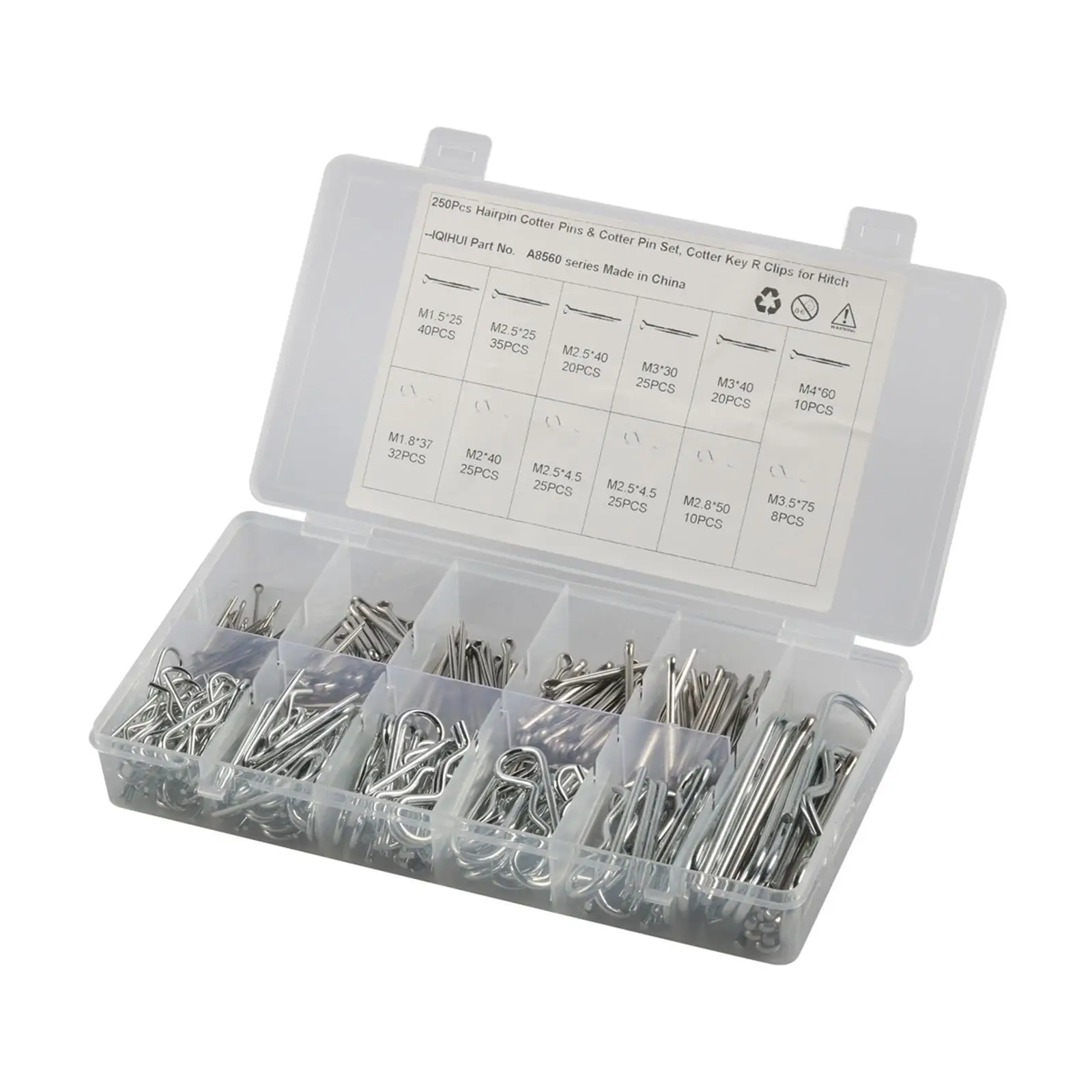 250x Cotter Pin Assortment Set R Clips for Truck Hitch Pin Lock Systems