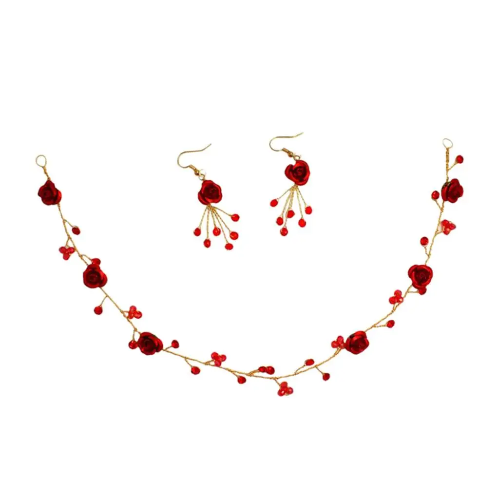 Bridal Hair Band Elegant Red Rose Earrings Hoop Prom Party Jewelry Set