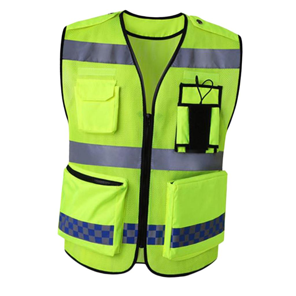 Multi Pockets High Visibility Zipper Front Safety Vest With Reflective Strips, Premium Style-D