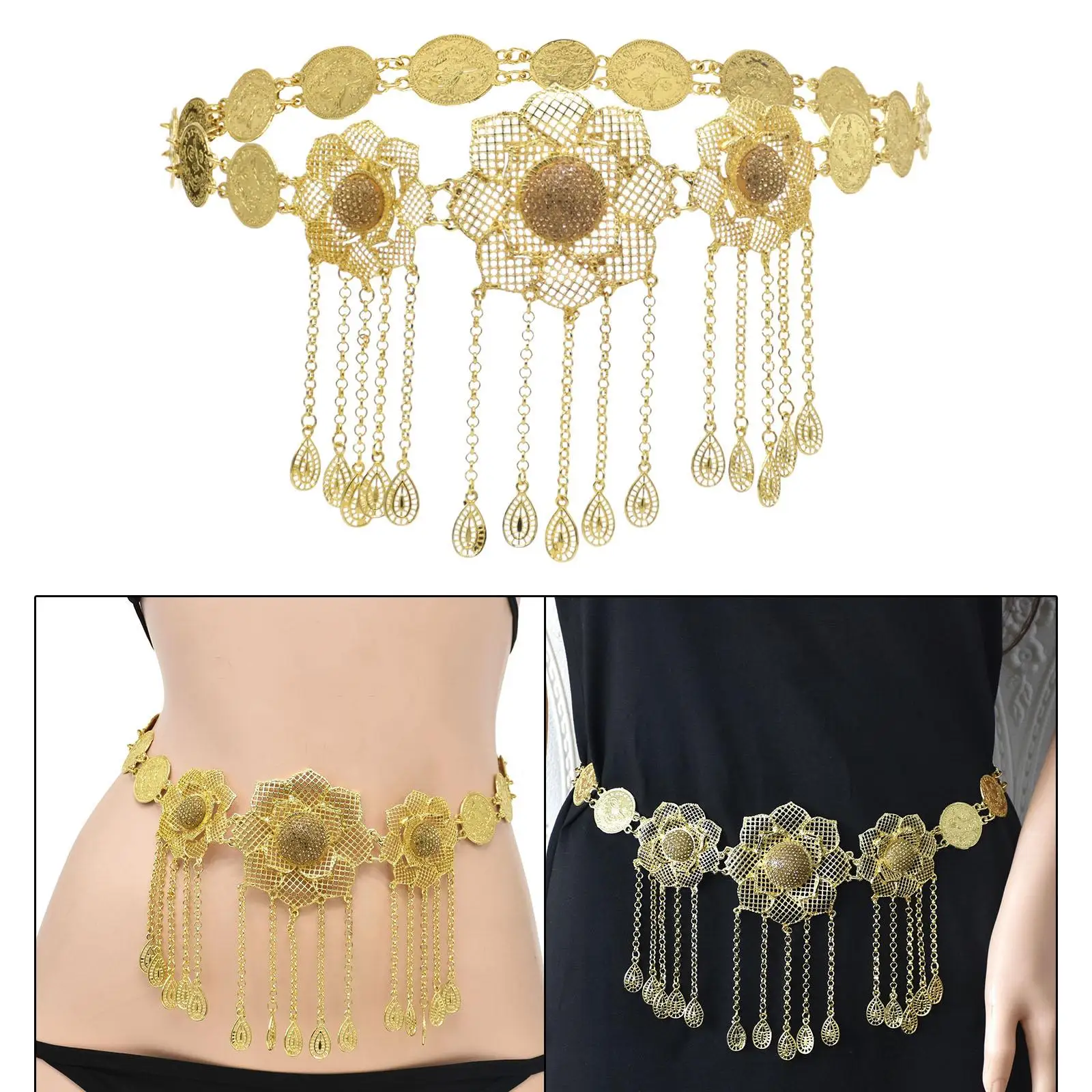 Trendy Golden Metal Belly Chain Hollow Flower Coin Bikini Women Waist Chain
