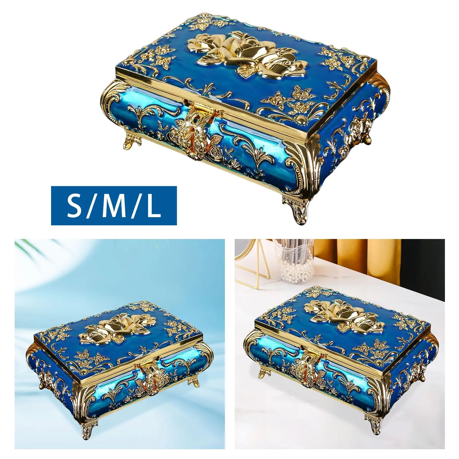 Trinket Box Floral Engraved Box Blue, Treasure Organizer Chest Zinc Alloy Material