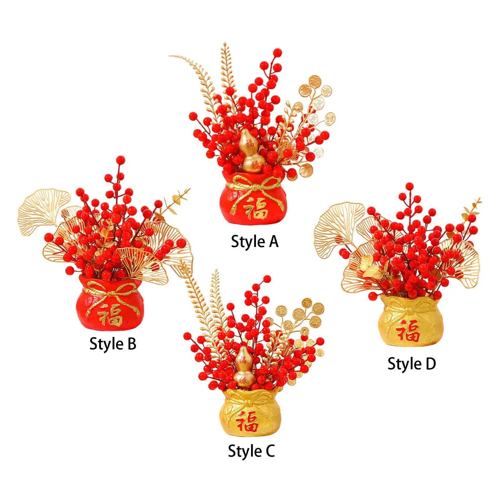 Chinese Spring Festival Purse Vase Feng Shui Ornament Decorative Red Artificial Berries Traditional for Desktop Decor Versatile