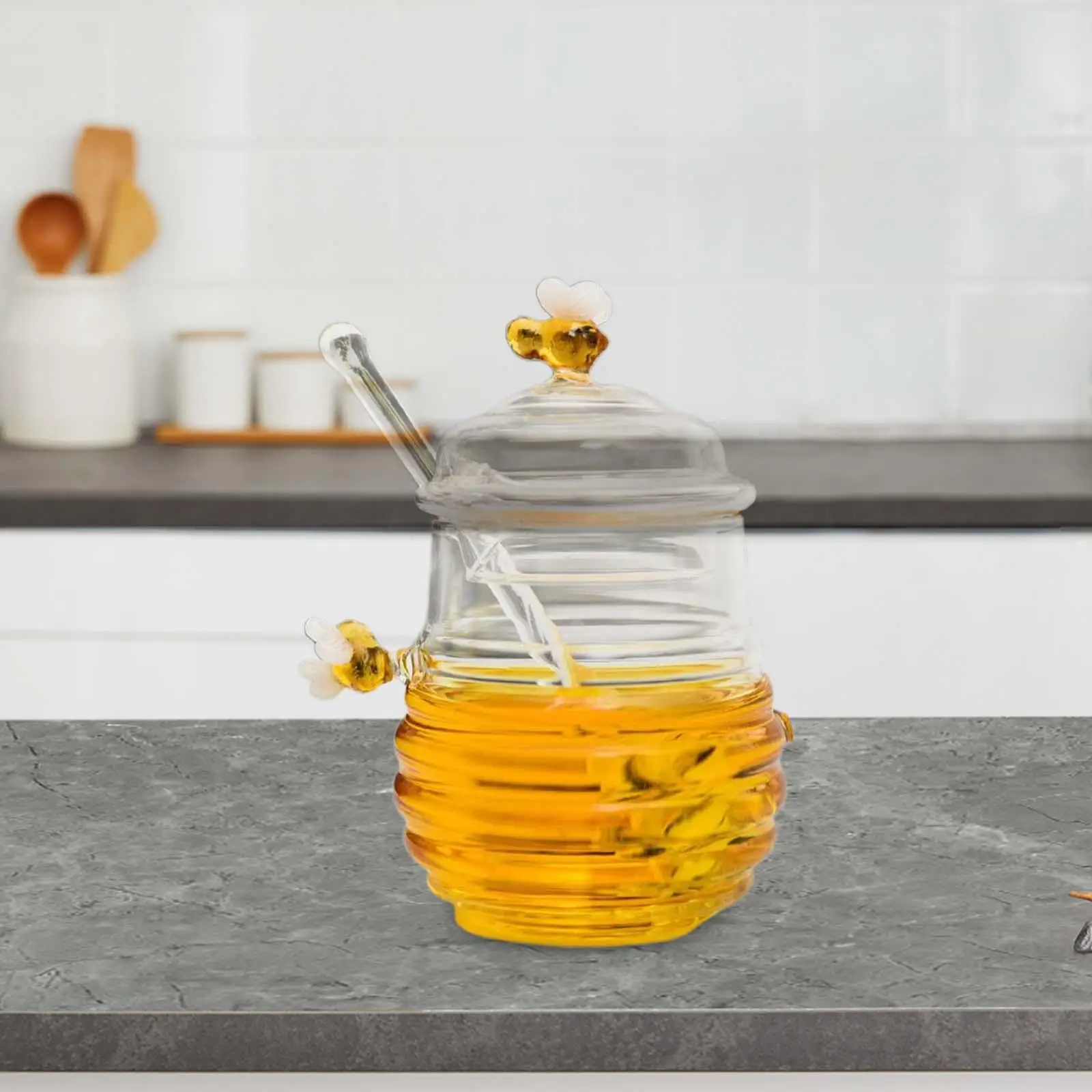 Transparent Honey Storage Container, Honey Bee Pot with Dipper and Lid, , Glass Beehive Honey Pot for Home Syrup
