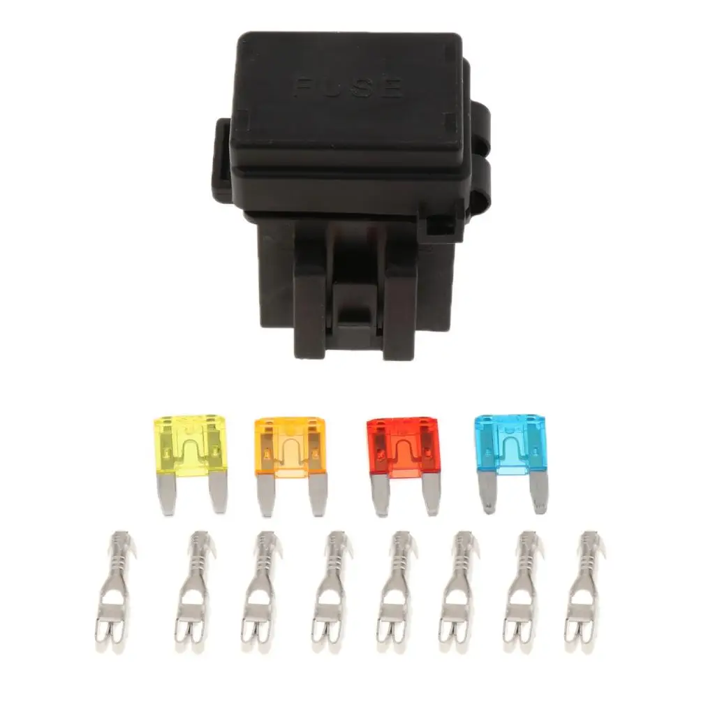 Universal 4 Way Blade Fuse Holder Box with Spade Terminals and Fuse Relay for Truck, RV, Boat, Trailer