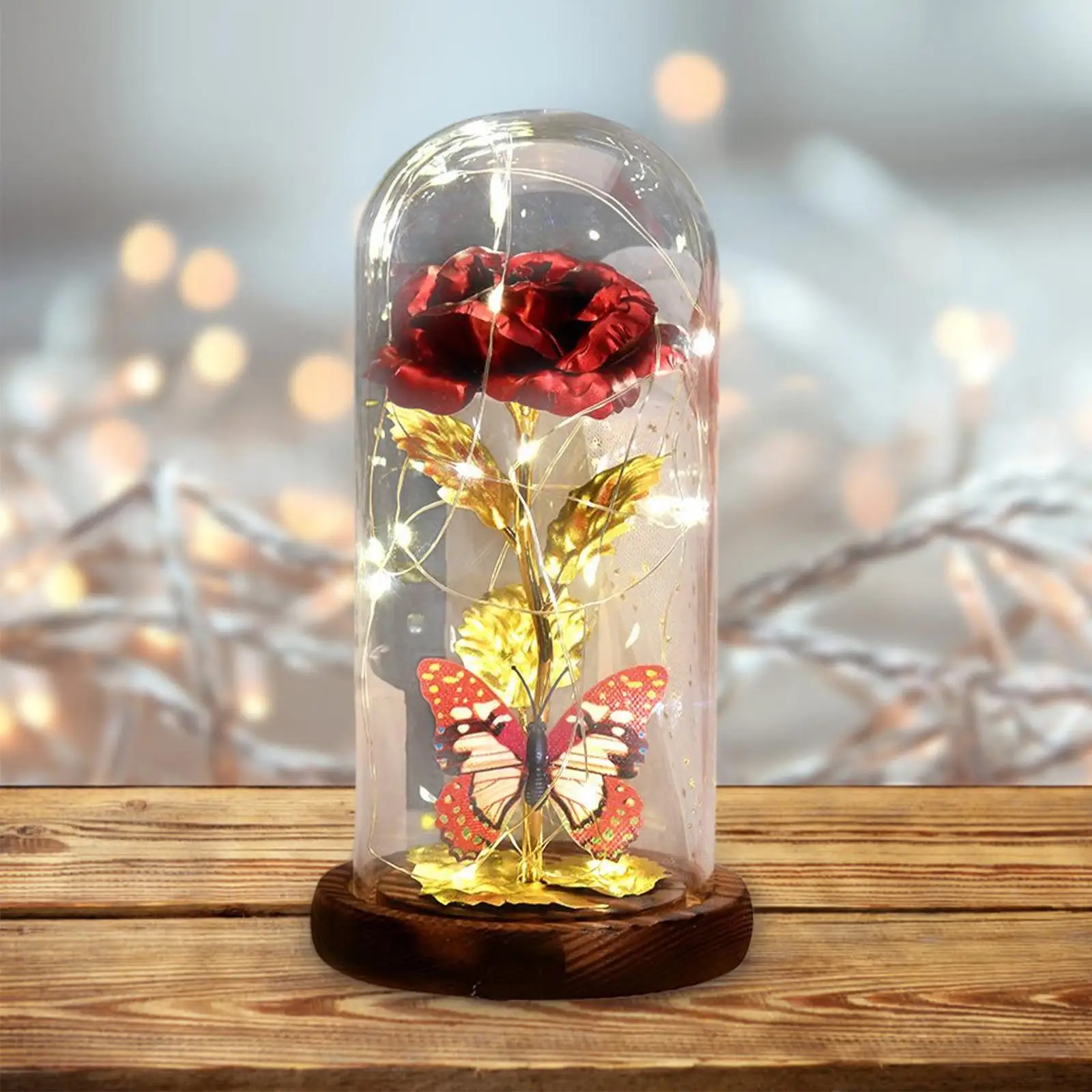 Butterfly Rose Flower Ornaments Glass Cover Crafts Decorative LED Light for Cabinet Living Room Desk Birthday Decorations
