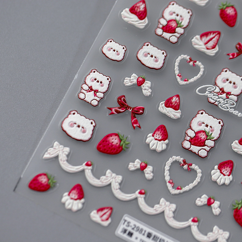 Best of 5D Realistic Relief Sweet Lovely White Cream Bear Red Strawberry Bow Heart Adheisve Nail Art Stickers Decals Manicure Ornaments Reviews & Tips