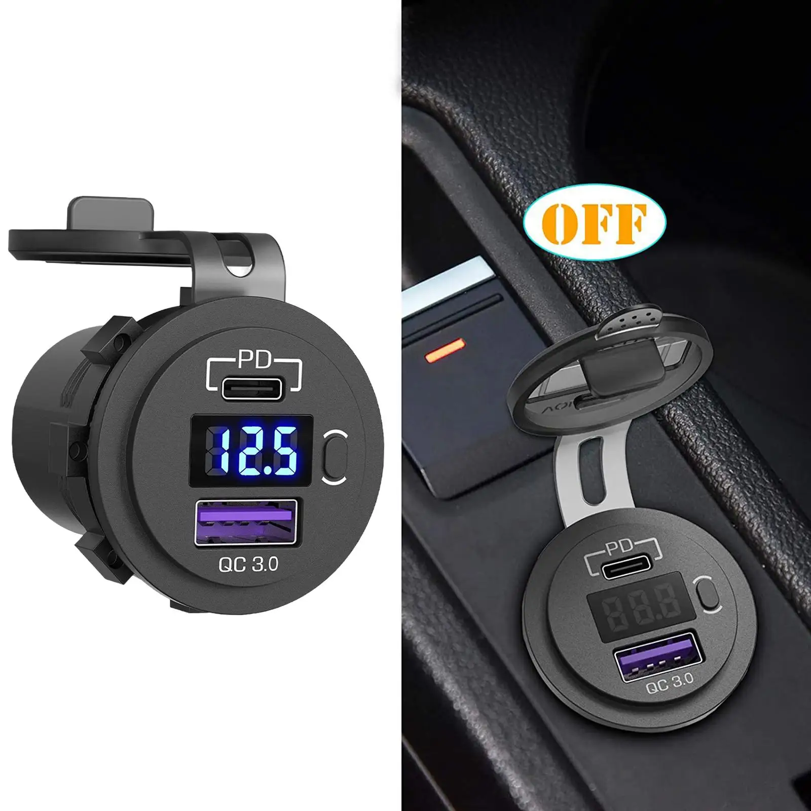 Waterproof Car Charger USB C 33W PD & QC3.0 DC 12V/24V RV Van Marines SUV Socket Power Outlet Fast Charging with Voltage Display