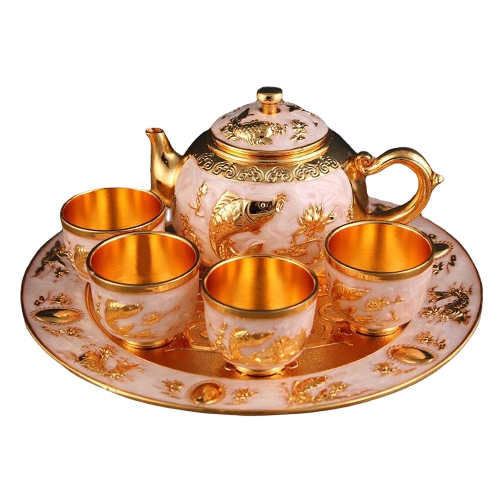 6x Coffee Pot Set with Tray Vintage Style Tea Cups and tray for Living room Ornaments Wedding Gift Dining Table