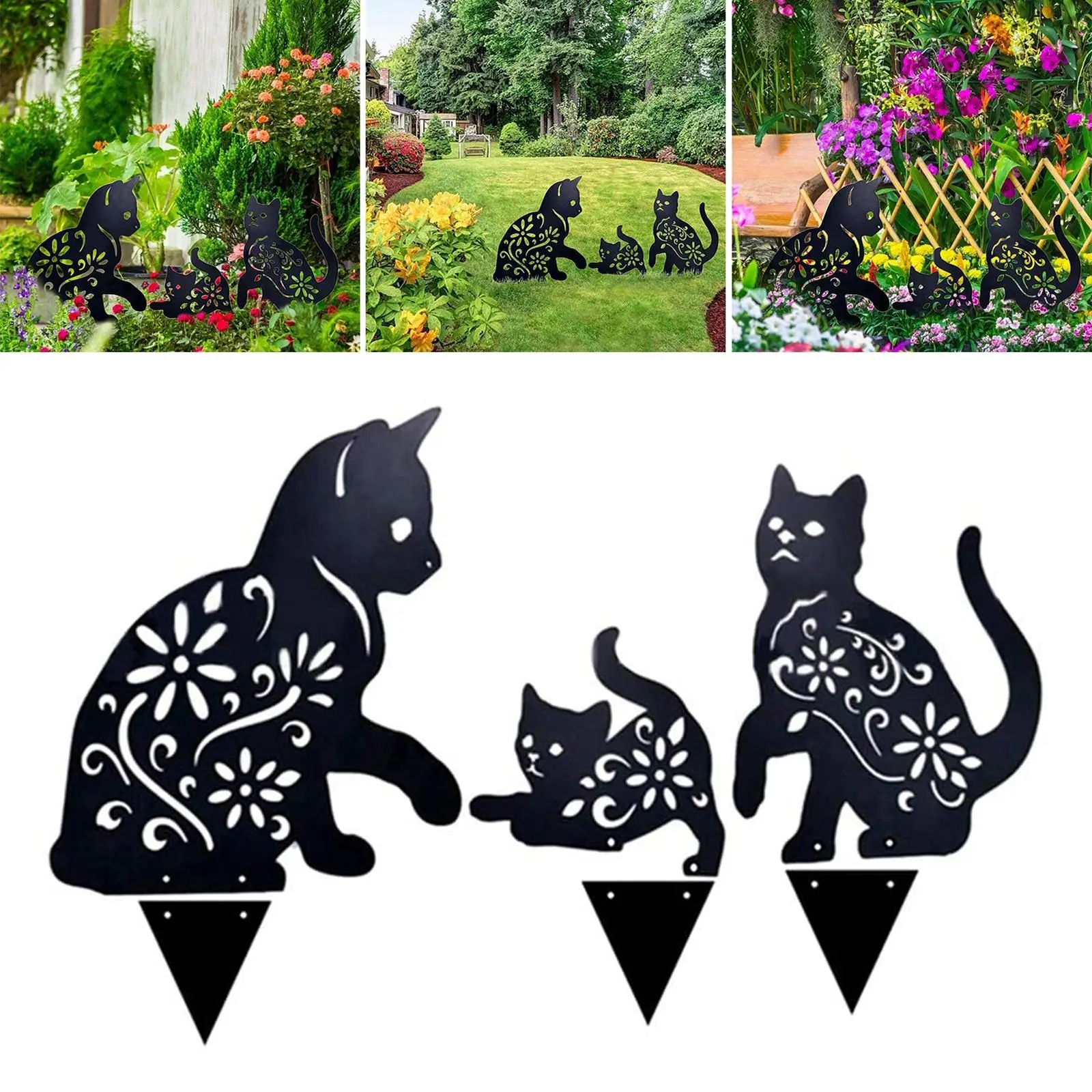 3Pieces Garden Cat Stakes Animals Statue for Home Outdoor Yard Decor Arts