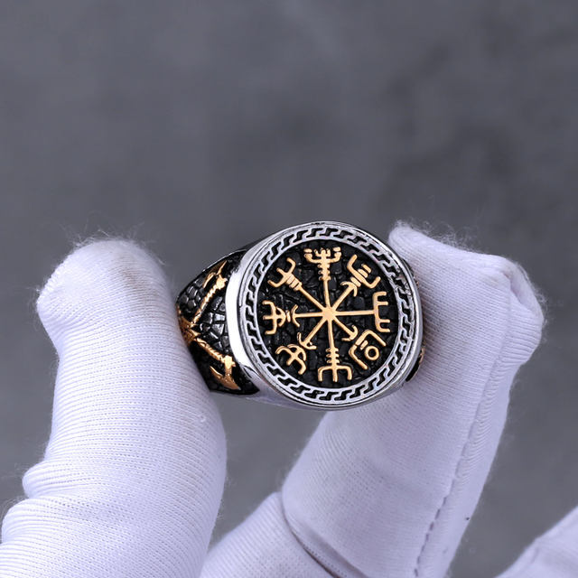 Gungneer Viking Compass Vegvisir Ring - Stainless Steel 18K Gold Plated Norse Pagan Jewelry For Men & Women - View #3