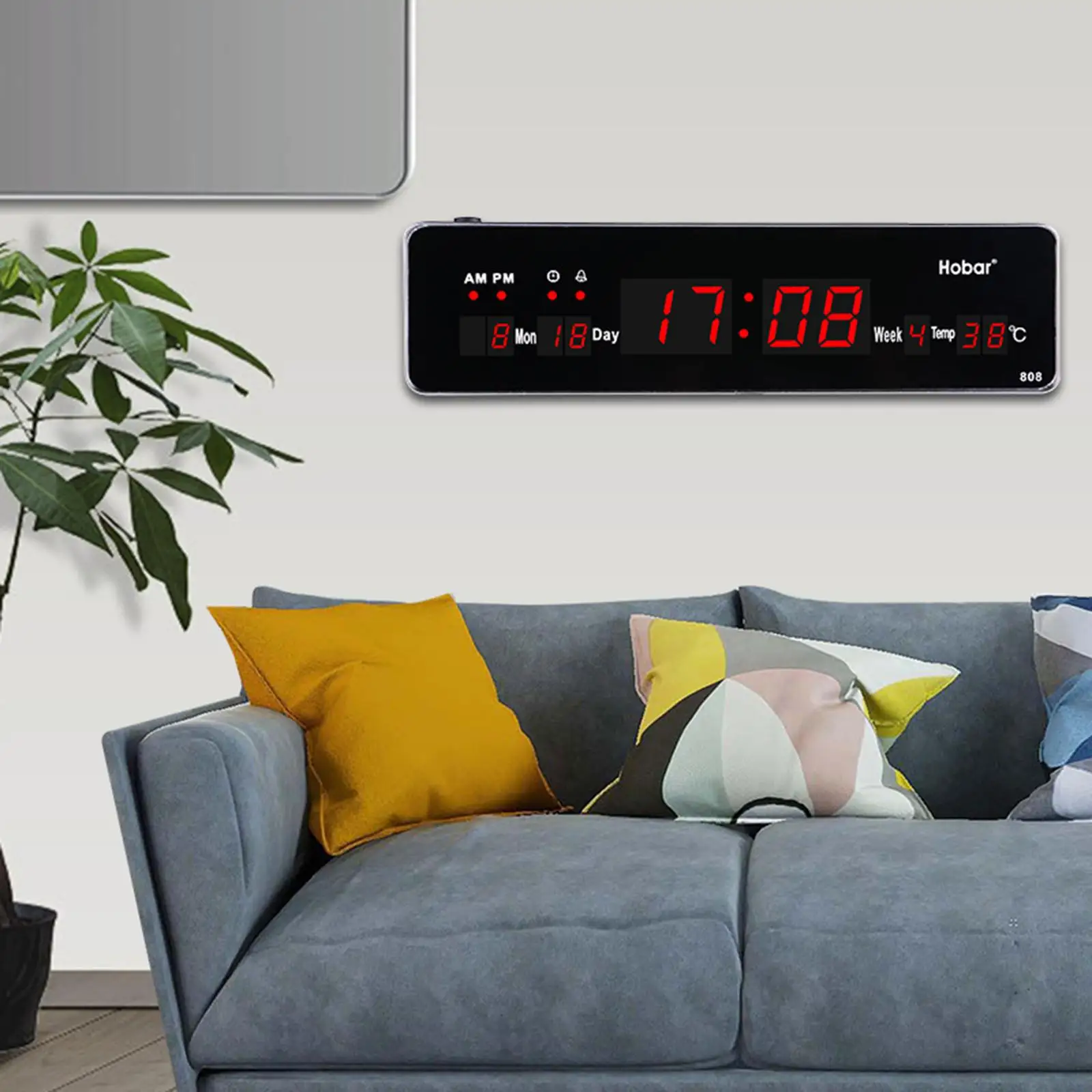 Large Wall Digital Clock with Date Time Week Indoor Temperature Calendar Mute LED Alarm Clocks for Living Room Home and Office