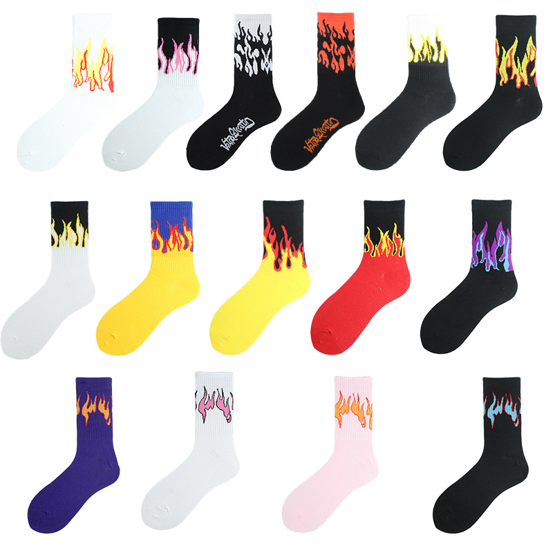 Description Picture 6 of item1 pair women Fashion Hip Hop Hit Color On Fire Crew Socks Red Flame Blaze Power Torch Hot Warmth Street Skateboard Socks