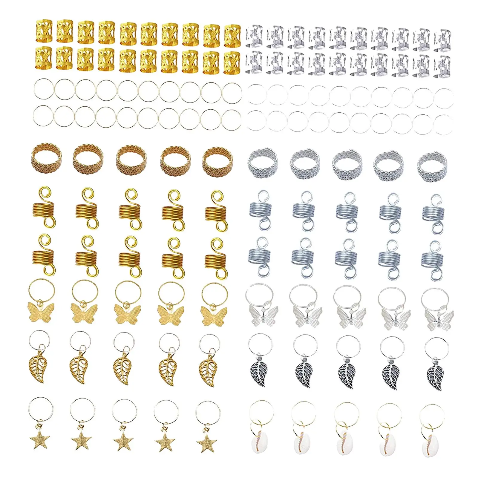 140x Hair Braiding Beads, Metal Hair Jewelry Hoops Rings Cuffs Clips Kit for Women Braids