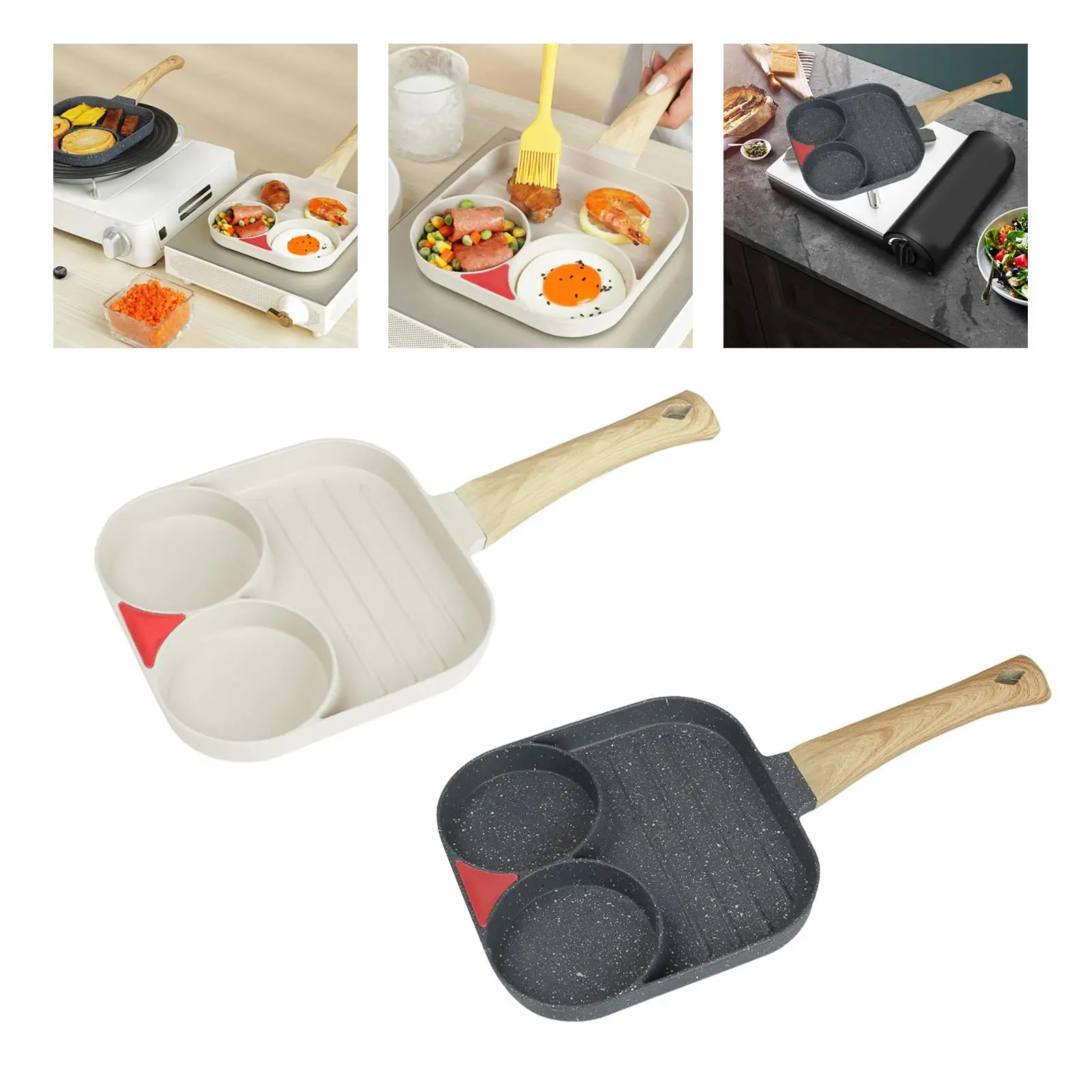 2 Hole Breakfast Frying Pan with Wooden Handle 3 Section Divided Skillet Omelet Pot for Frying Baking Vegetable Burger Breakfast