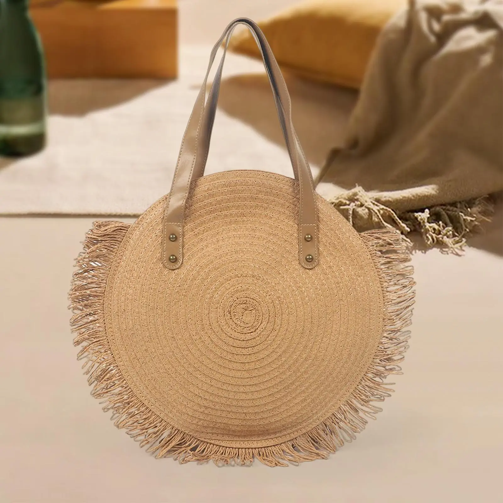 Round Straw Bag Handwoven Boho Tote Shoulder Bag for Vacation Summer Beach